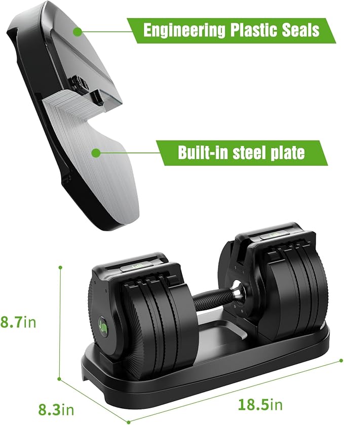 JJM 50LB Adjustable Dumbbells. One-handed grip rotates to 6.5-50LB weight