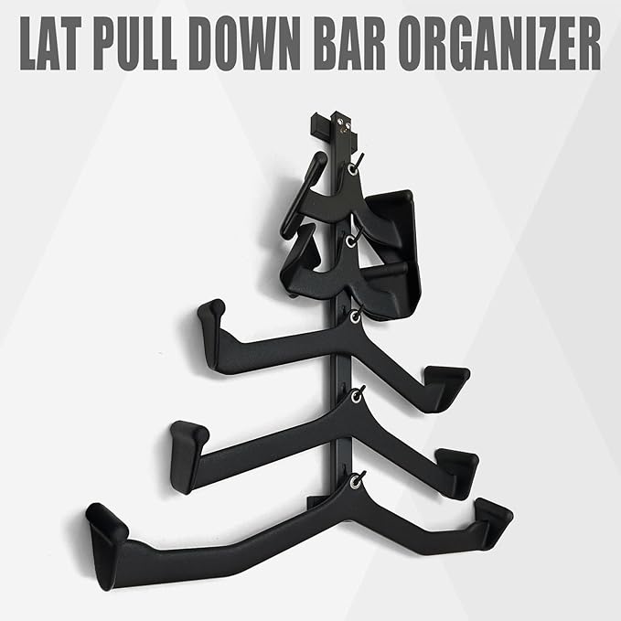 Wall Mounted LAT Pull Down Bar Organizer with Hooks, Home Gym Attachment Storage Rack for LAT Pulldown Attachments, Cable Attachment Rack for Gym Accessories