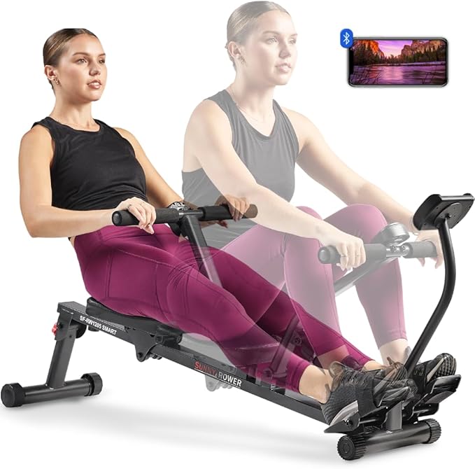 Sunny Health & Fitness Compact Adjustable Rowing Machine with 12 Levels of Complete Body Workout Resistance and Optional SunnyFit App Enhanced Connectivity