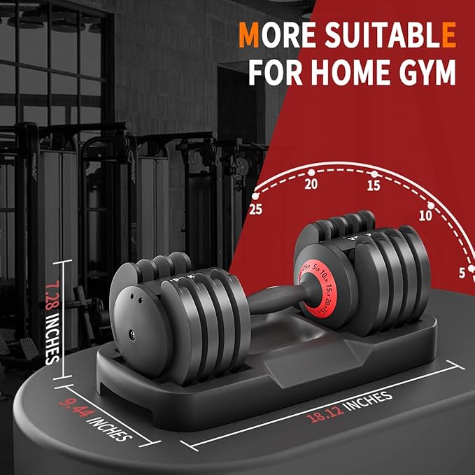 VEICK 25/55 lbs Adjustable Dumbbell, Fast Adjust Weight Dumbbell with Anti-Slip Turning Handle for Men Women, Black Dumbbell with Tray for Home Gym Full Body Workout Fitness