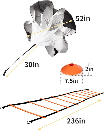 GHB Agility Ladder Speed Training Ladder Workout Ladder with 6 or 10 Cones 12 Rung 20ft with Resistance Parachute