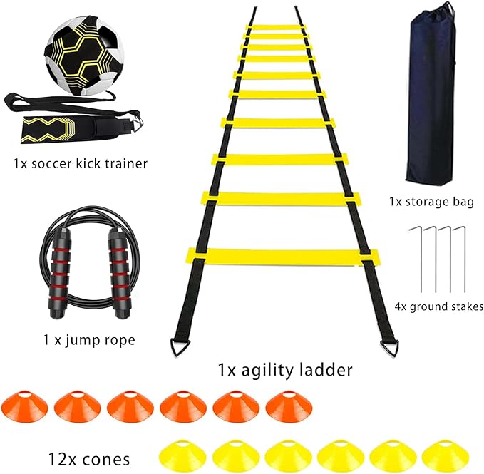 Soccer Agility Training Equipment Set, Soccer Accessories 20Ft Agility Ladder, 12 Cones, Solo Soccer Trainer, Jump Rope Speed Training Equipment Gifts for Boy