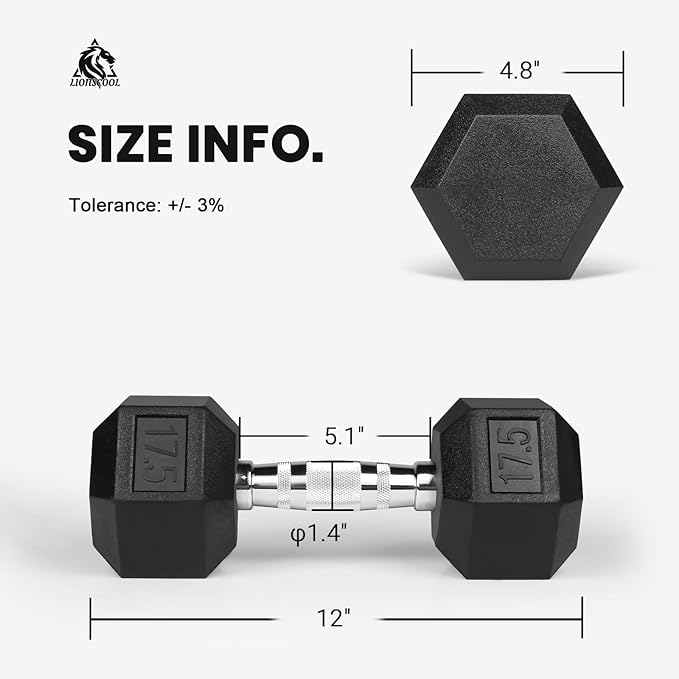 LIONSCOOL Rubber Encased Hex Dumbbells in Pairs or Single, Hand Dumbbell Weight with Metal Handle for Strength Training, Resistance Training, Build Muscle and Full Body Workout, 5-65lbs