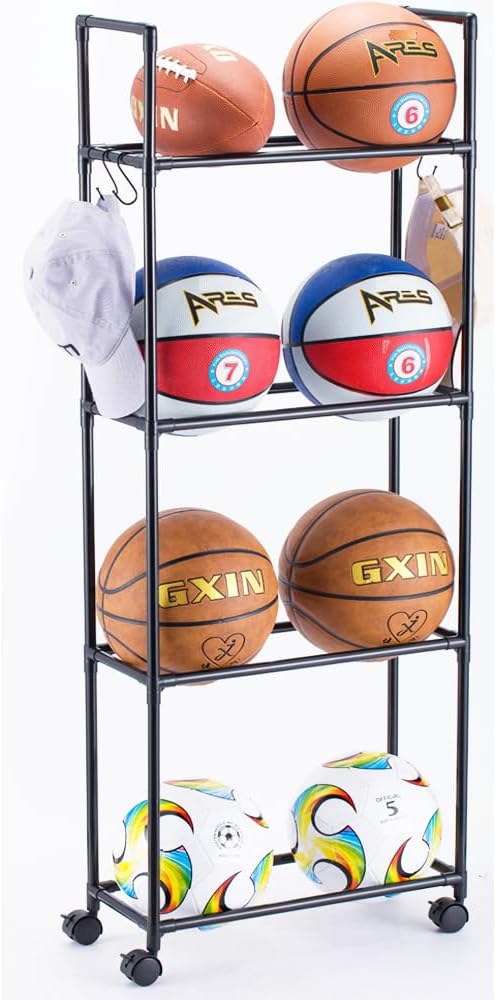 FDSDEFEN Basketball Rack, Garage Ball Storage Stand Ball Rack Rolling Balls Organizer with Wheels Sports Outdoor Volleyball Soccer Football Garage Organizer Basketball Accessories