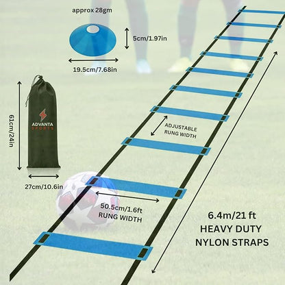 DELUXE EDITION Agility Ladder Training Set - 13 21ft Agility w/13 Disc w/4 Steel