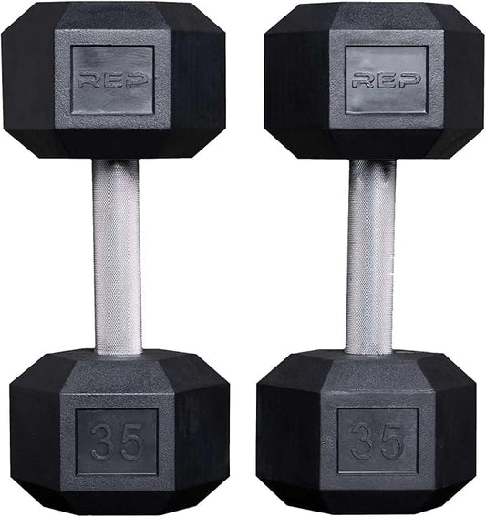 Rep Fitness Rubber Hex Dumbbell(s) - Singles (55LB +) and Pairs (5LB - 50LB) - Low Odor, Fully Knurled Handle