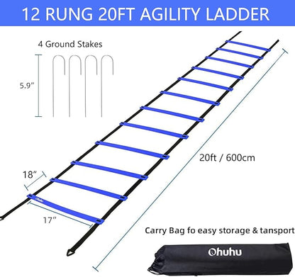 Ohuhu Agility Ladder Speed Training Set 12 Rung 20ft Exercise Ladders with Ground Stakes for Soccer Football Boxing Footwork Sports Fitness Training Ladder with Carry Bag