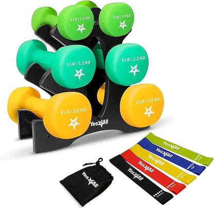 Yes4All Neoprene Coated Dumbbell Hand Weight Sets - Multiple Weight Options with Rack, Anti-roll, Anti-Slip, Hexagon Shape