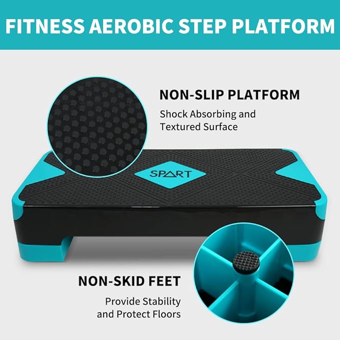 SPART Adjustable Workout Aerobic Stepper, Aerobic Exercise Step Platform with 4 Risers, 3 Levels Adjust 4" - 6" - 8", 26.77" Trainer Stepper with Non-Slip Surface for Home Gym Extra Risers