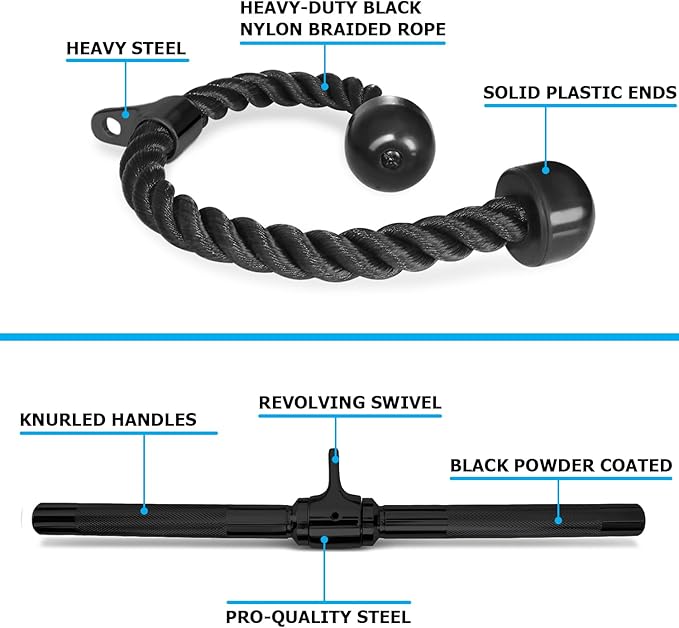 A2ZCARE Cable Machine Accessories for Weight Lifting, LAT Pull Down Attachment V Handle, V-Shaped Bar, Tricep Rope, Rotating Straight Bar