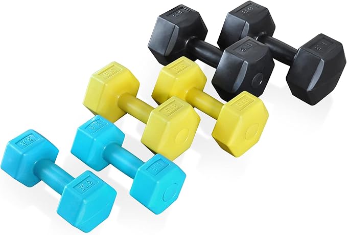 Signature Fitness Colored Vinyl Coated Dumbbell Set with Stand 32-Pound Set 3LB, 5LB, 5LB, 8LB 8LB (3 (3 Pairs)