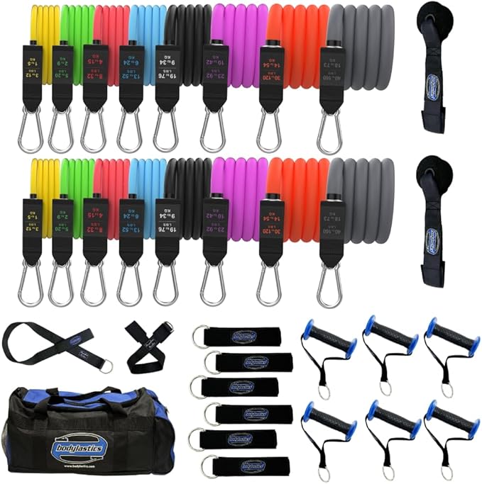 Bodylastics Resistance Band Set - Resistance Bands with Handles, Ankle Straps, Door Anchor, Carry Bag - Heavy-Duty Stretch Exercise Bands -Patented Clips and Snap Reduction Tech -Fitness Workout Bands