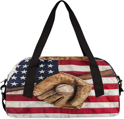 Vintage Ball Baseball American Flag Gym Bag for Women Men, Small Travel Duffel Bag for Sports Getaway Overnight Bag Lightweight Weekender Bags Workout Bag Dance Bag for Boys Girls Kids Teens