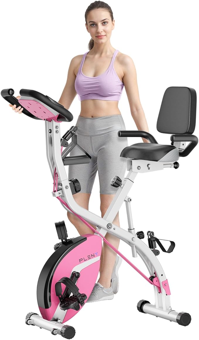 Folding Exercise Bike, Indoor Stationary Bike 16-Level Magnetic Resistance with Arm Resistance Band, Back Support Cushion Workout Bike for Home Workout Gym