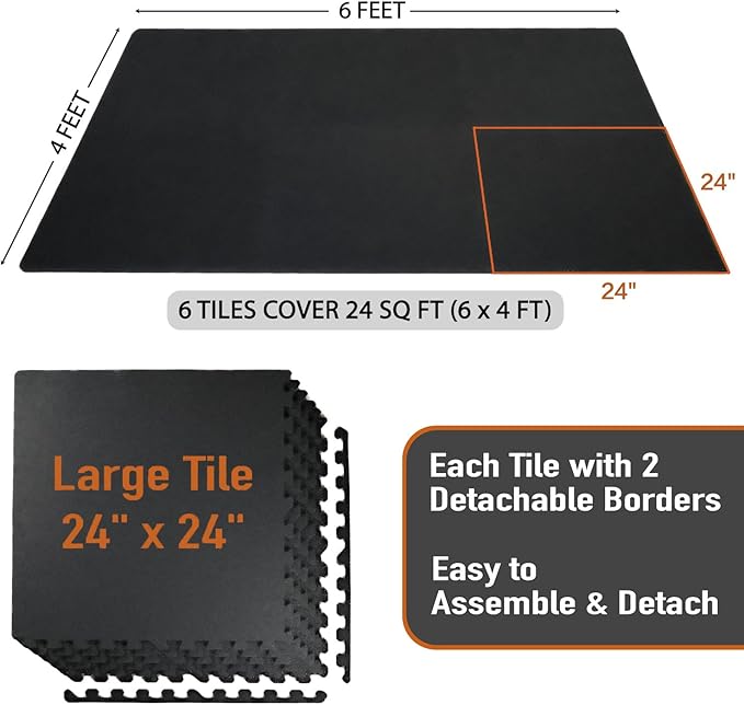 0.56in Thick 24 Sq Ft Exercise Equipment Mats, 6 Tiles Upgraded Rubber Top with High Density EVA Foam, Large Interlocking Puzzle Gym Flooring for Home Gym, Heavy Weight Workout,Black