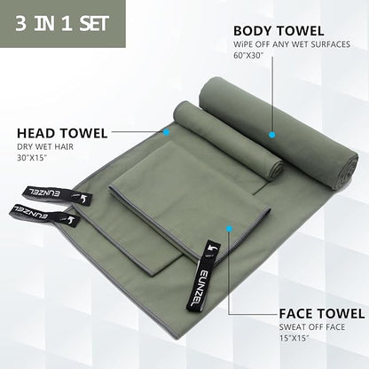 Eunzel Quick Dry Camping Towel, Microfiber Travel Towel 3 Size at 1 Pack,Fast Drying Towel Set for Camping, Beach, Gym, Sports, Yoga & Swimming Pool, Army Green