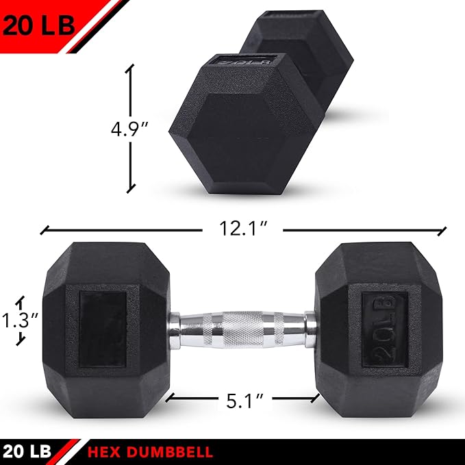 JFIT Rubber Hex Dumbbells - 8 Size Options - Hex Shaped Heads Prevent Rolling and Injury - Ergonomic Hand Weights for Exercise, Muscle, Strength and Weight Training