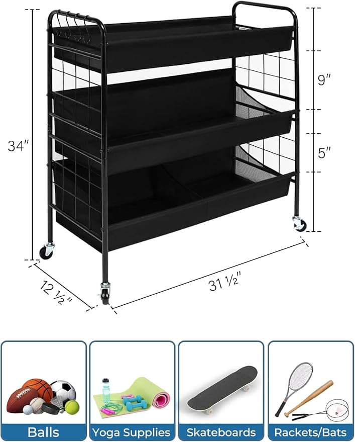 StorageWorks Garage Sports Equipment Organizer with Hooks, Ball Rack Organizer with Wheels, 3-Shelf Ball Rack for Basketball, Football, Volleyball, Large