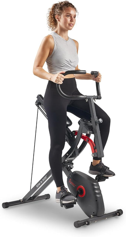 Sunny Health & Fitness Upright Bike + Row-N-Ride Dual Function Home Rower Squat Machine & Stationary Cycling Full Body Combo Cardio Ab Machine for Stomach Workout Fitness Machine - SF-A022077