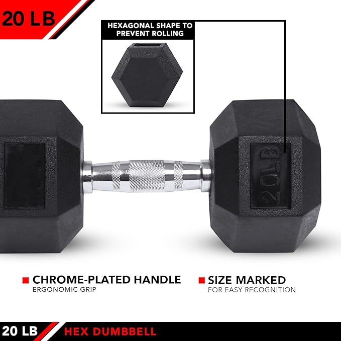 JFIT Rubber Hex Dumbbells - 8 Size Options - Hex Shaped Heads Prevent Rolling and Injury - Ergonomic Hand Weights for Exercise, Muscle, Strength and Weight Training