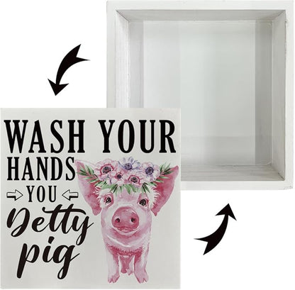 Bathroom Decor Sign - Wash Your Hands You Detty Pig, Box Sign Tabletop Decor, Funny Washroom Sign, White Box Sign Decor, Table Decoration, Washroom Decor Art, Bathroom Humor, Bathroom Decor for Shelf