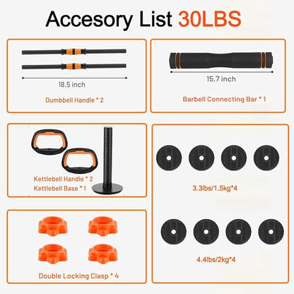 4 in 1 Adjustable Dumbbell Set with Connecting Rod Used as Barbell, Kettlebells, Push up Stand, Fitness Exercises for Home Gym, Orange