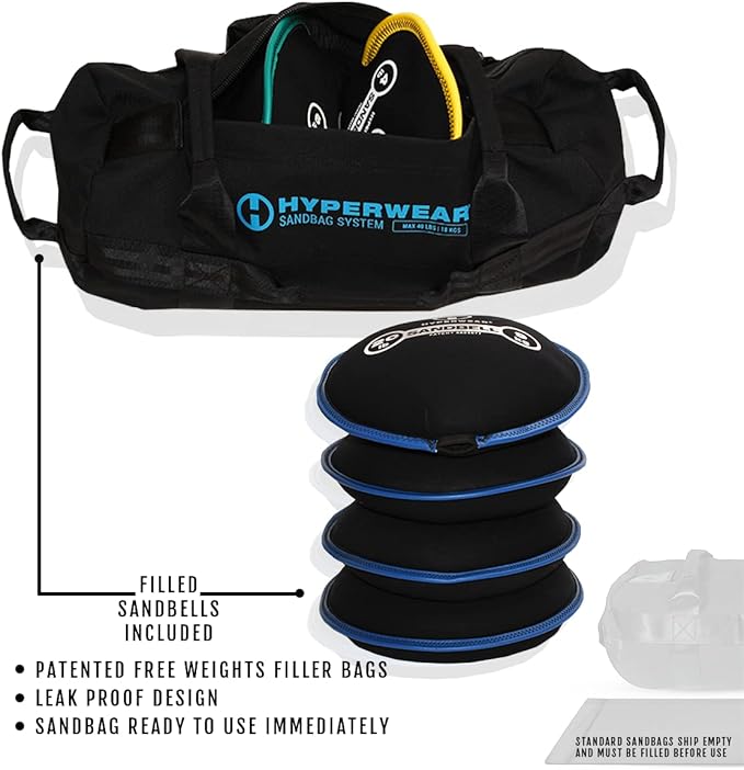 HYPERWEAR Adjustable Sandbag System - Heavy-Duty Workout Sandbags with Handles and Pre-Filled SandBells (25lb, 40lb, 80lb, 160lb)