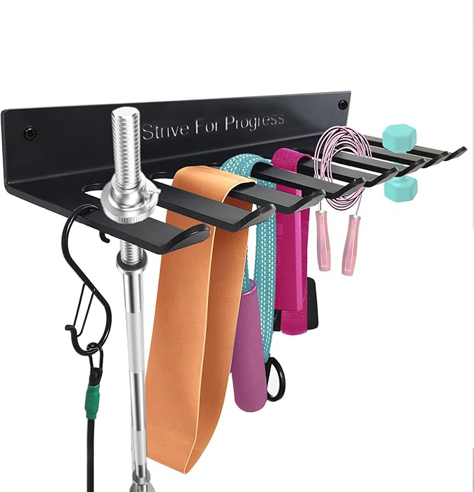 Gym Rack Organizer with 8 Hooks, 3mm Thickness Home Gym Equipment Multi-Purpose Workout Gear Wall Rack Hanger Storage for Barbells, Jump Ropes, Chains, Lifting Belts Resistance Bands