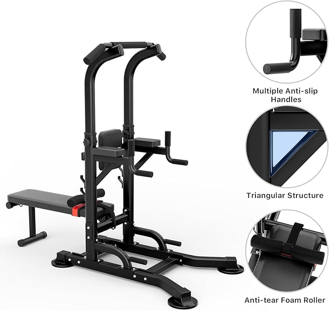 Uboway Pull Up Dip Station, Power Tower with Weight Bench, Dip Machine with Adjustable Heights, Pull Up Bar Free Standing, Strength Training Workout Equipment Fit Home Gym