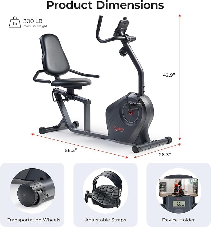 Sunny Health & Fitness Magnetic Recumbent Bike w/ 300LB Weight Capacity & Adjustable Wide Cushioned Seat, Home Exercise Machine for Adult/Seniors, Optional Bluetooth Connect to Exclusive SunnyFit App