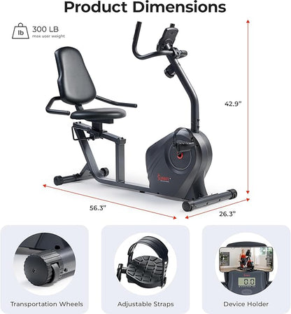 Sunny Health & Fitness Magnetic Recumbent Bike w/ 300LB Weight Capacity & Adjustable Wide Cushioned Seat, Home Exercise Machine for Adult/Seniors, Optional Bluetooth Connect to Exclusive SunnyFit App