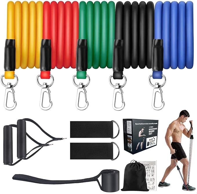 11 Pack Resistance Bands Set - 5 Stackable Exercise Bands (Up to 100 Lbs)，2 Foam Handles, 2 Ankle Straps, 1 Door Anchor and 1 Carrying Pouch - Home Workouts, Yoga