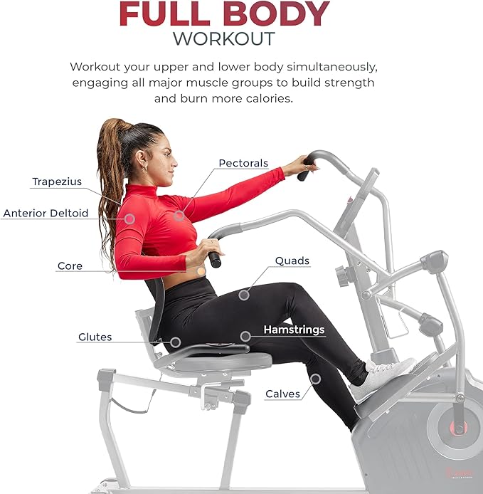 Sunny Health & Fitness Elite Recumbent Cross Trainer & Elliptical Machine with Arm Exercisers, Easy Adjust Seat, with Exclusive SunnyFit® App Enhanced Connectivity