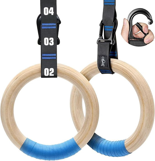 Wooden Gymnastic Rings with Adjustable Numbered Straps. 1.25'' Olympic Rings for Core Workout, Crossfit, Bodyweight Training. Home Gym Rings with 8.5ft Exercise Straps and Workout Handles