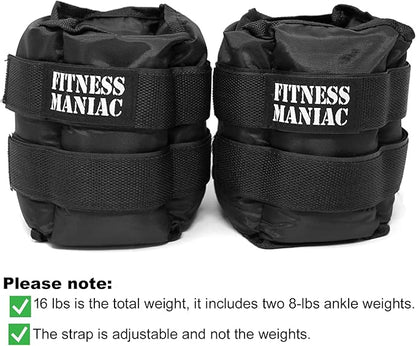 FITNESS MANIAC USA Pro Ankle Weights 1 Pair Double Straps Heavy Weight, 16 lbs (8 Pounds Per Ankle) Premium Durable Set for Gym, Workout, Walking, Ab, Leg and Glute Exercises for Men Women