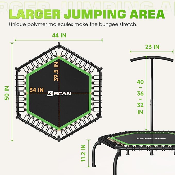 BCAN 450/550 LBS Foldable Mini Trampoline, 40"/48"/50" Fitness Trampoline with Bungees, U/T Shape Adjustable Foam Handle, Stable & Quiet Exercise Rebounder for Kids Adults Indoor/Garden Workout