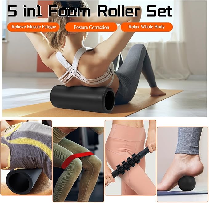 5 in1 Foam Roller Set, Deep Tissue Muscle Massage, Trigger Point Foam Roller Muscle Massage, Fitness Exercise Foam Roller, Massage Roller, Massage Ball, Stretching Strap for Pilates Yoga (Black)