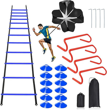 Speed & Agility Ladder Training Equipment Set 12 Rung 20ft Agility 4 Agility Hurdles,12 Disc 1 Resistance