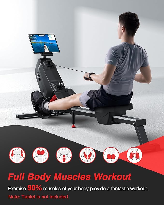 Magnetic Rowing Machines for Home, Compact and Saves Space - Vertical/Folding Storage, 350 LB Weight Capacity with Bluetooth App Supported, Tablet Holder and Comfortable Seat Cushion