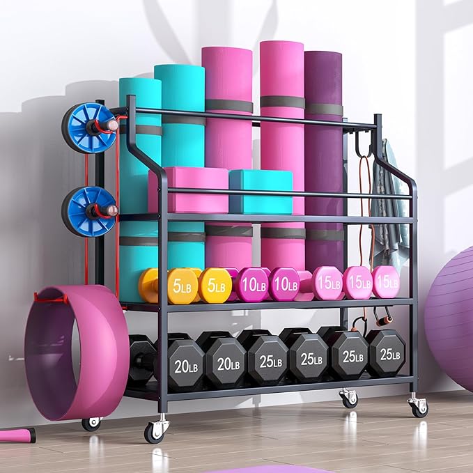 Yoga Mat Storage Rack Cart Multifunctional large Capacity Dumbbell Stable Steel Rolling Storage rack for Large Rolling Kettlebells Rope,Home Gym Workout Organizer Fitness Sports for Home