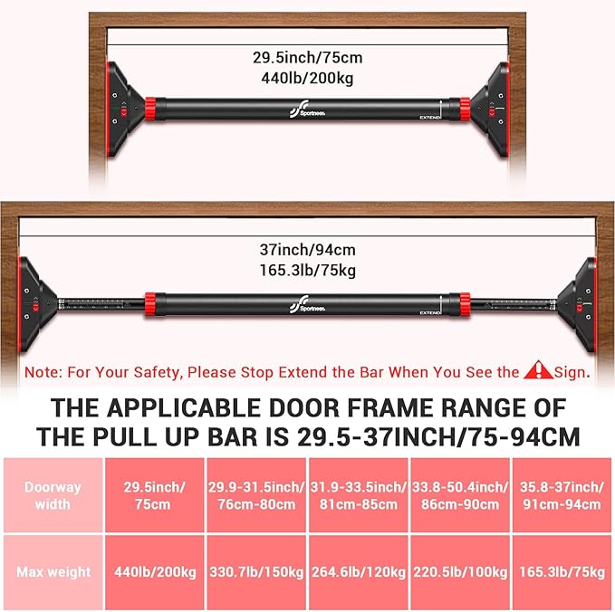 Sportneer Pull Up Bar: Strength Training Pull-up Bars without Screw - Adjustable Width Locking Mechanism Chin Up Bar, Thickened Steel Max Limit 440 lbs Upper Body Fitness Pullup Bars for Home