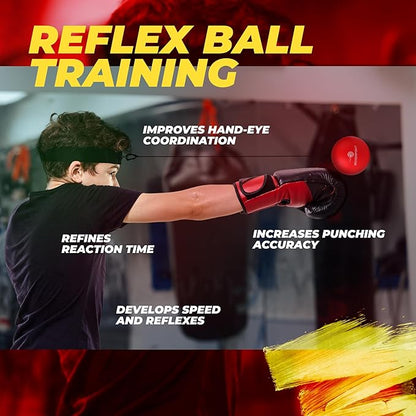 Boxing Reflex Ball for Adults and Kids - React Reflex Balls on String with Headband, Carry Bag and Hand Wraps - Improve Hand Eye Coordination, Punching Speed, Fight Reaction