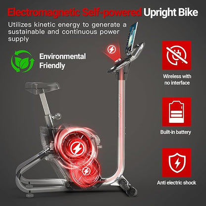 HARISON Electromagnetic Self-powered Upright Exercise Bike, 2 in 1 LED Display for Resistance Control and Data Record, 350 LBS Capacity Stationary Bike for Home with Bluetooth, 32-Level Resistance