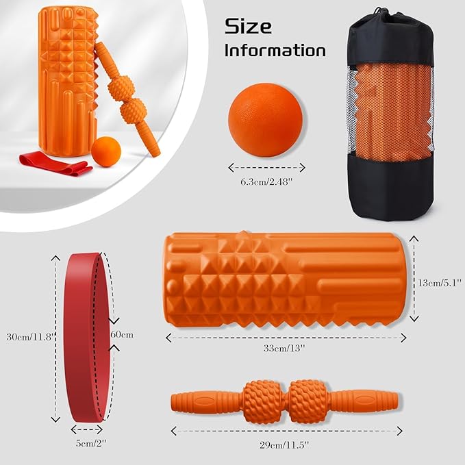 5-in-1 Foam Roller Set, Massage Roller Stick, Massage Ball, Resistance Band for Deep Muscle Massage, Trigger Point Release, Pilates, Yoga (Orange)