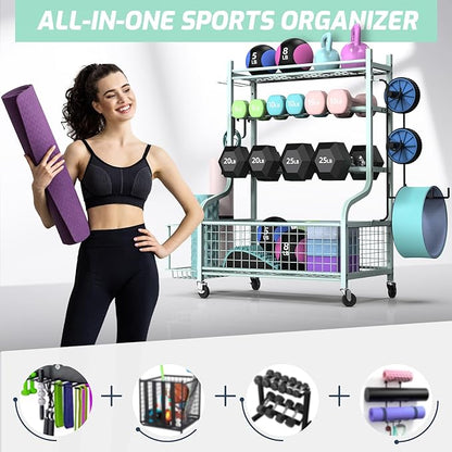 PLKOW Dumbbell Rack, Weight Rack for Dumbbells, Home Gym Storage for Dumbbells Kettlebells Yoga Mat and Balls, All in One Workout Storage with Wheels and Hooks, Powder Coated Finish Steel