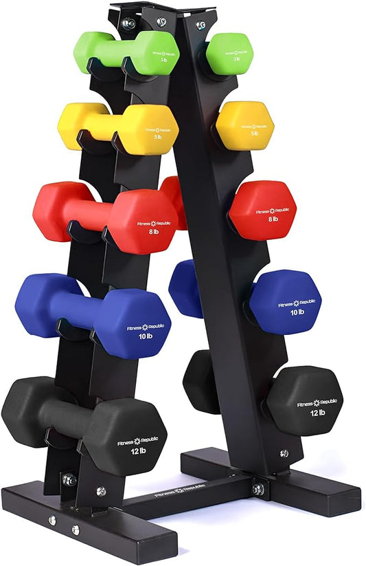 Neoprene Workout Dumbbell set with Rack 2.00MM - Non Slip, Anti Roll & Hex Shape - Fitness Dumbbells Combo, Space Saving Ideal for Home and Gym training