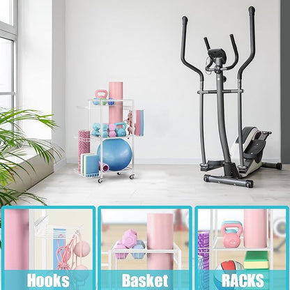 LIANTRAL Dumbbell Rack, Yoga Mat Storage Rack, Workout Equipment Storage Rack for Dumbbells Kettlebells Yoga Mat and Balls, Home Gym Storage Organizer with Hooks and Wheels