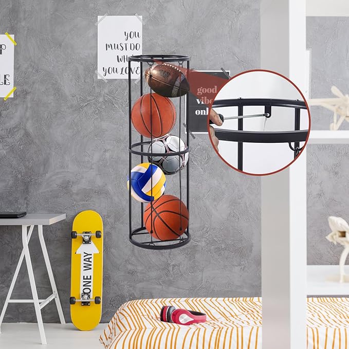 Ysglory Garage Ball Storage Vertical Ball Rack Sports Wall-Mounted Basketball Soccer Ball Holder Football Volleyball Rack Organizer Sports Ball Organizer