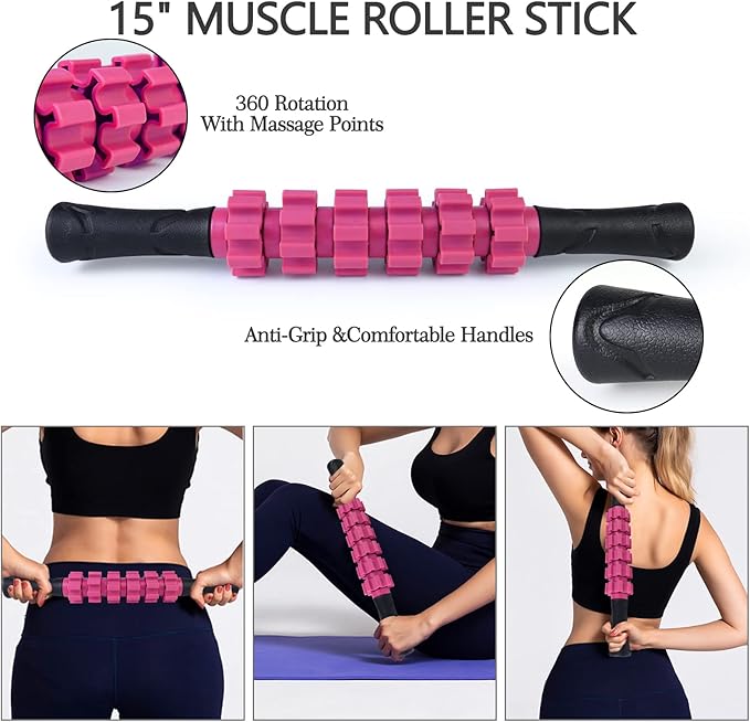 5 in 1 Foam Roller Set Trigger Point Foam Roller Patented, Massage Roller Stick, Massage Ball, Stretching Strap for Deep Muscle Massage Pilates Yoga, Fitness Exercise for Whole Body(Pink)