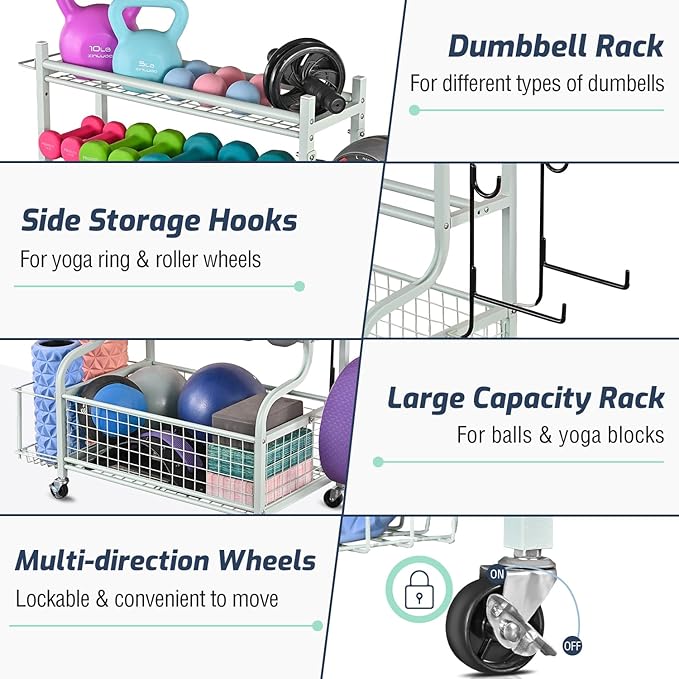 PLKOW Dumbbell Rack, Weight Rack for Dumbbells, Home Gym Storage for Dumbbells Kettlebells Yoga Mat and Balls, All in One Workout Storage with Wheels and Hooks, Powder Coated Finish Steel